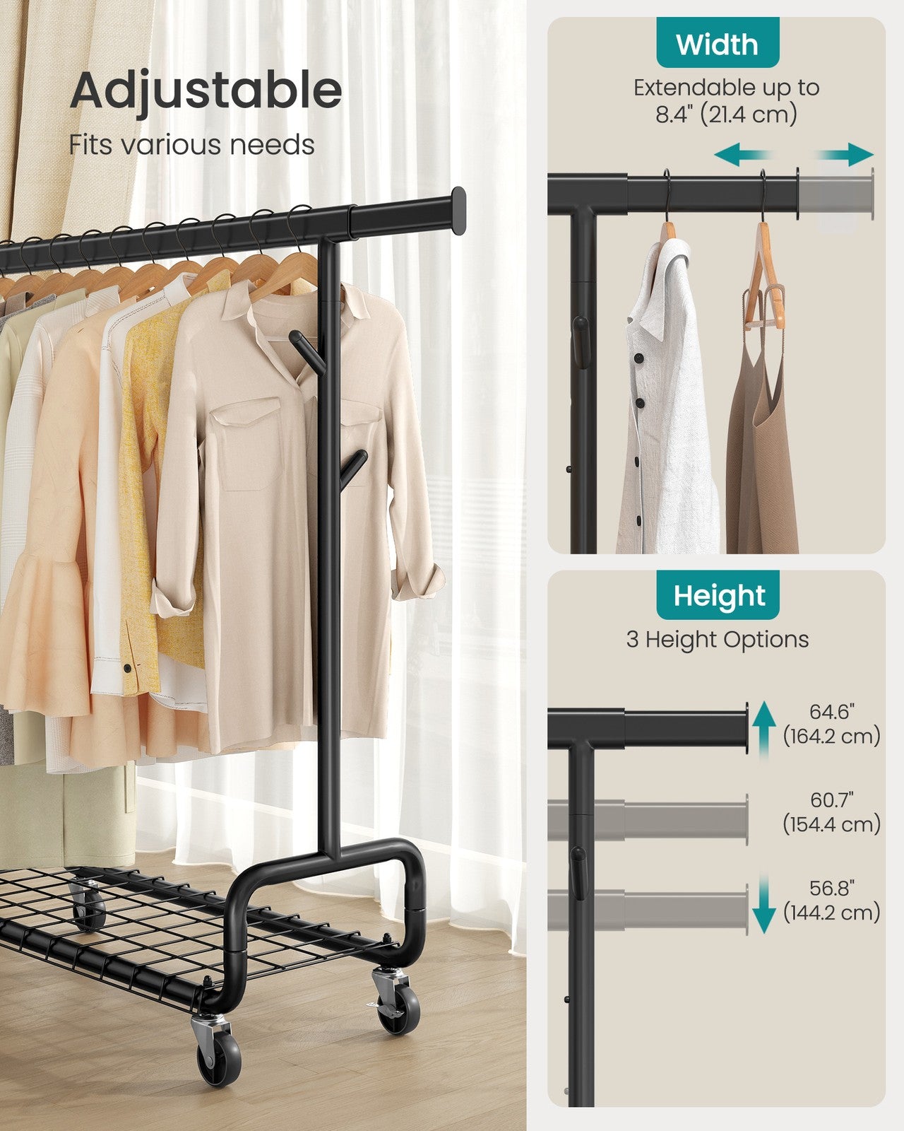 Clothes Rack - Heavy-Duty Rolling Clothing Garment Rack - Ink Black - Ink Black