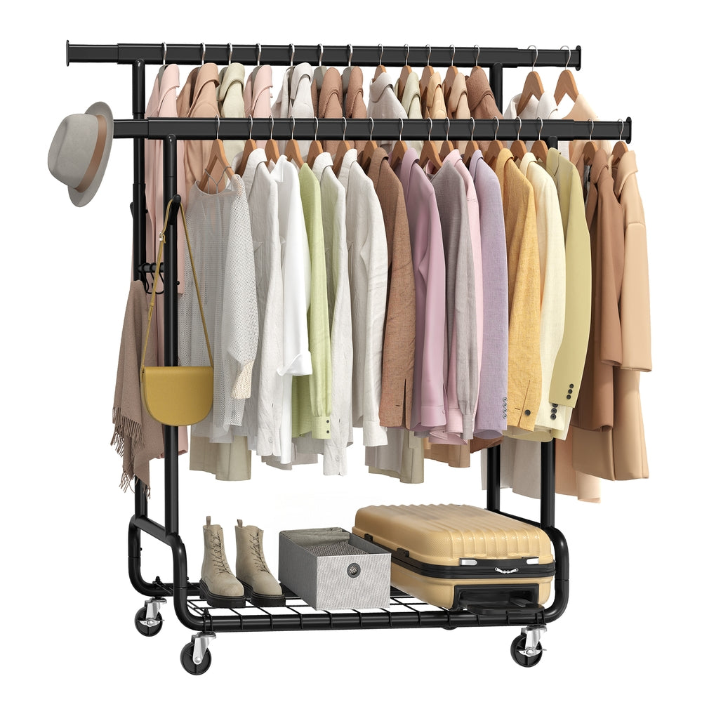 Clothes Rack - Heavy-Duty Rolling with Wheels - Silver - Ink Black