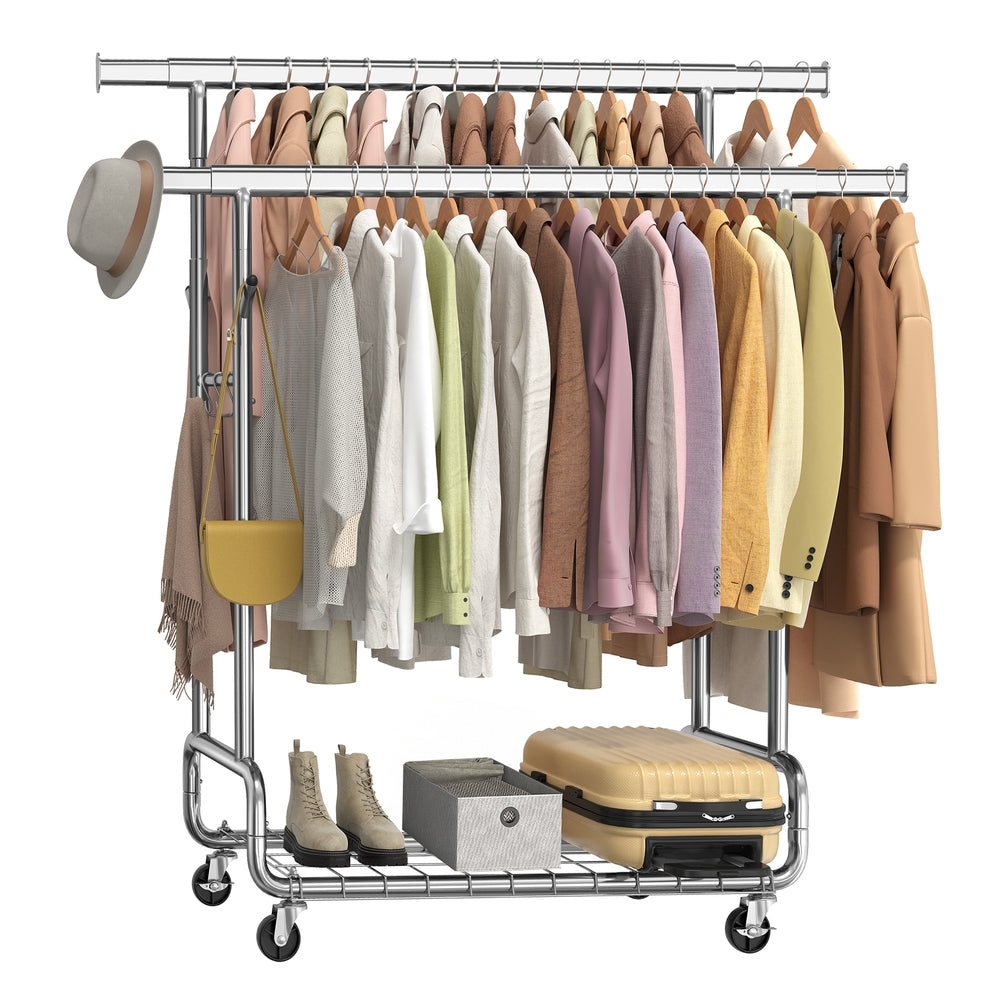 Clothes Rack - Heavy-Duty Rolling with Wheels - Silver - Silver