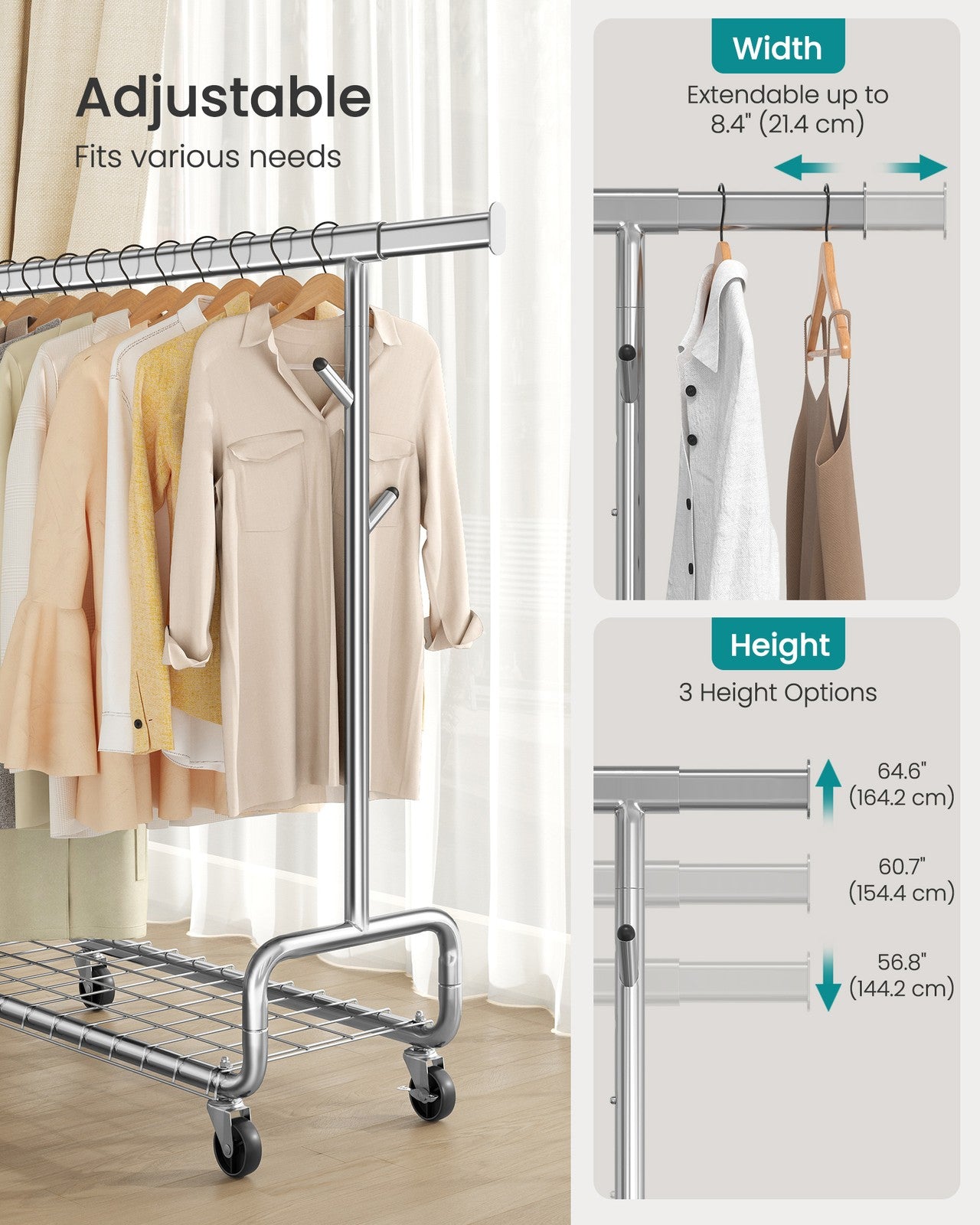 Clothes Rack - Heavy-Duty Rolling with Wheels - Silver - Silver