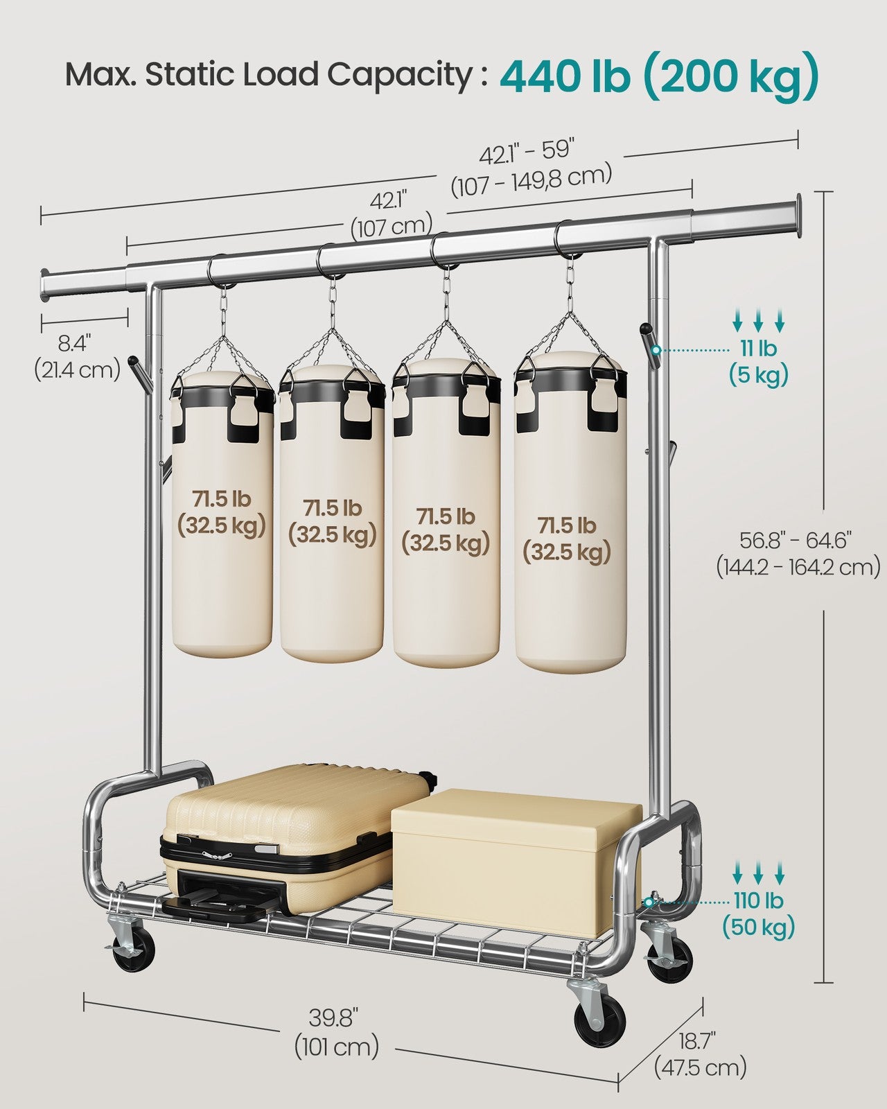Clothes Rack - Heavy-Duty Rolling with Wheels - Silver - Silver