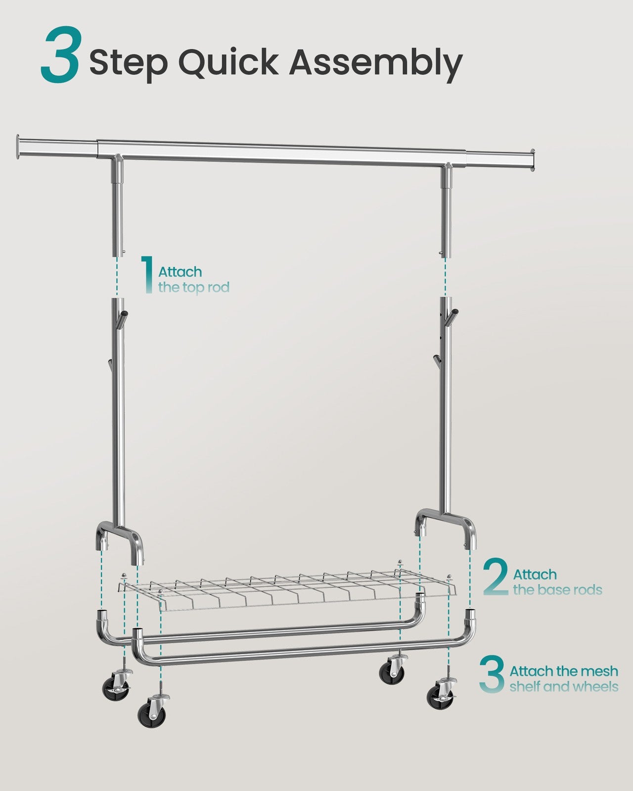 Clothes Rack - Heavy-Duty Rolling with Wheels - Silver - Silver