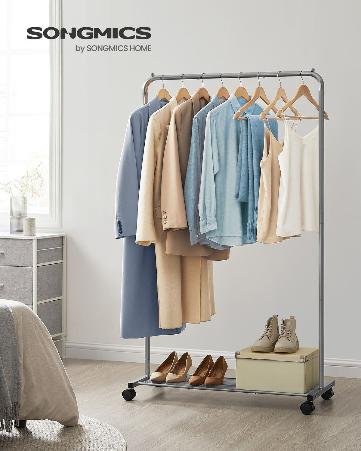 Clothes Rack - Dense Mesh Storage Shelf - Wheels with Brakes