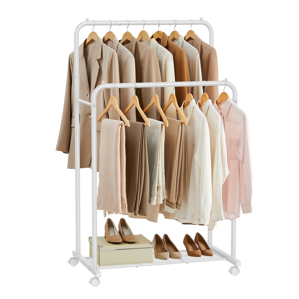 Clothes Rack with Wheels and Dense Mesh Storage Shelf - White - 23.6"D x 35.8"W x 61.4"H