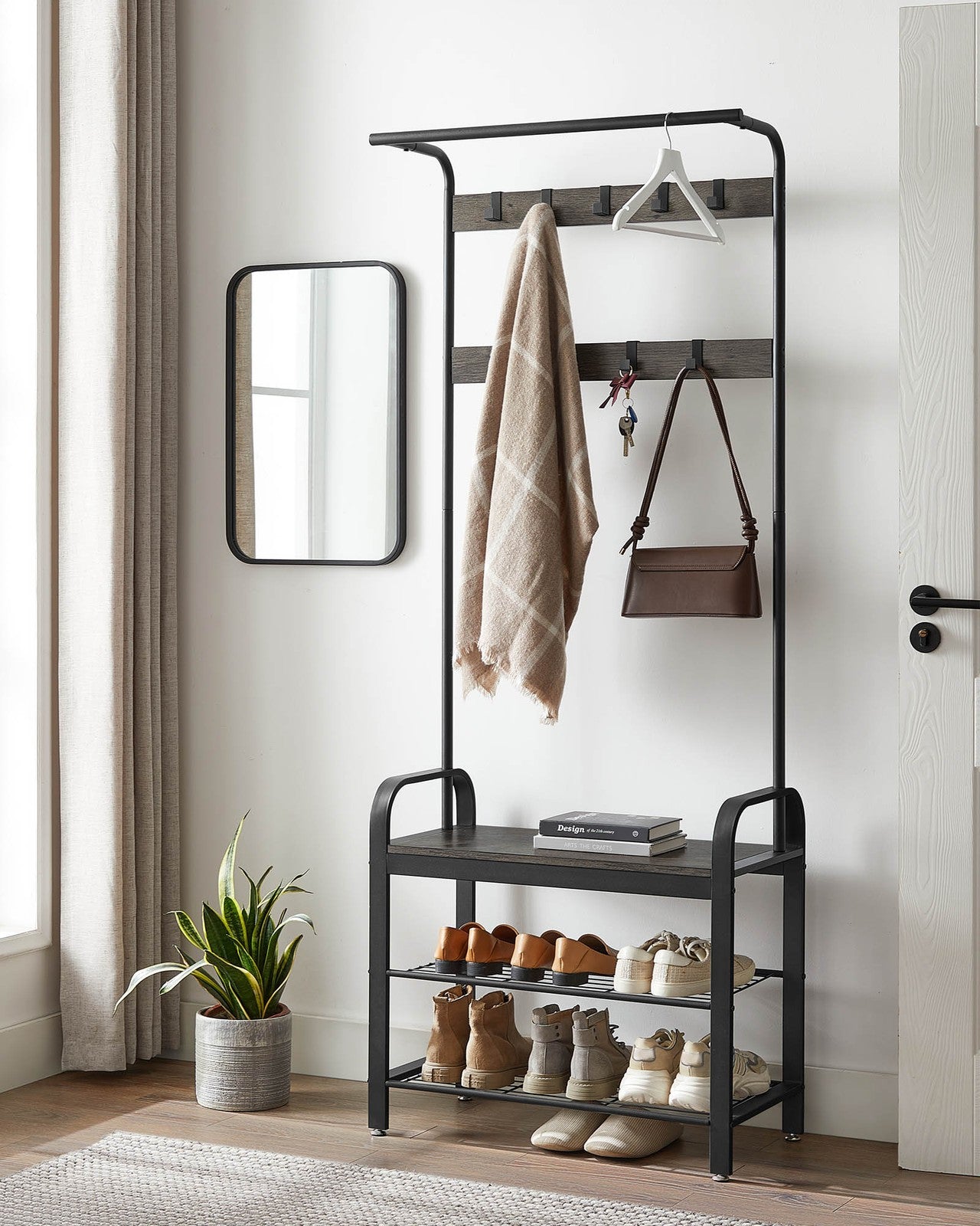 Coat Rack with Shoe Bench for Entryway - Charcoal Gray, Black
