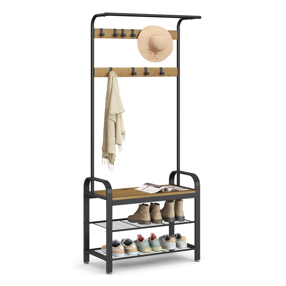 Coat Rack with Shoe Bench for Entryway - Honey Brown, Black - 13.3"D x 28.3"W x 72.1"H