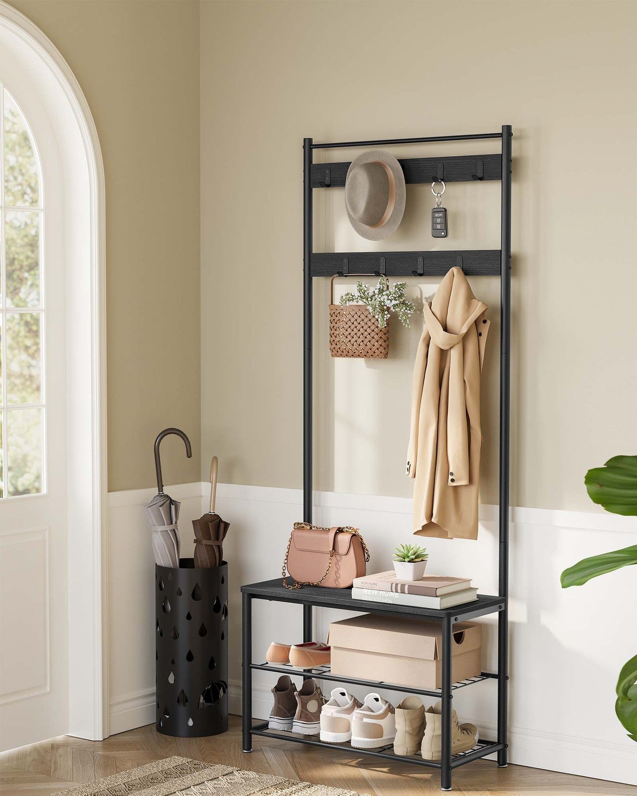 Coat Rack - Hall Tree with Shoe Storage Bench - Charcoal Gray