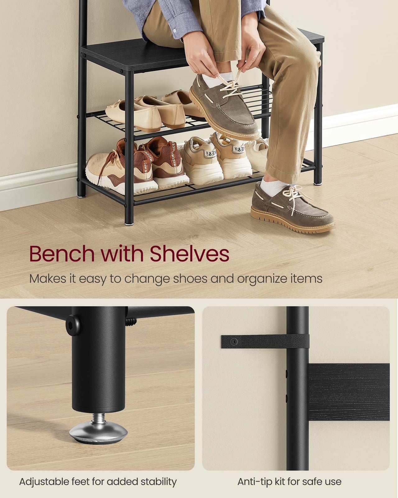 Coat Rack - Hall Tree with Shoe Storage Bench - Charcoal Gray