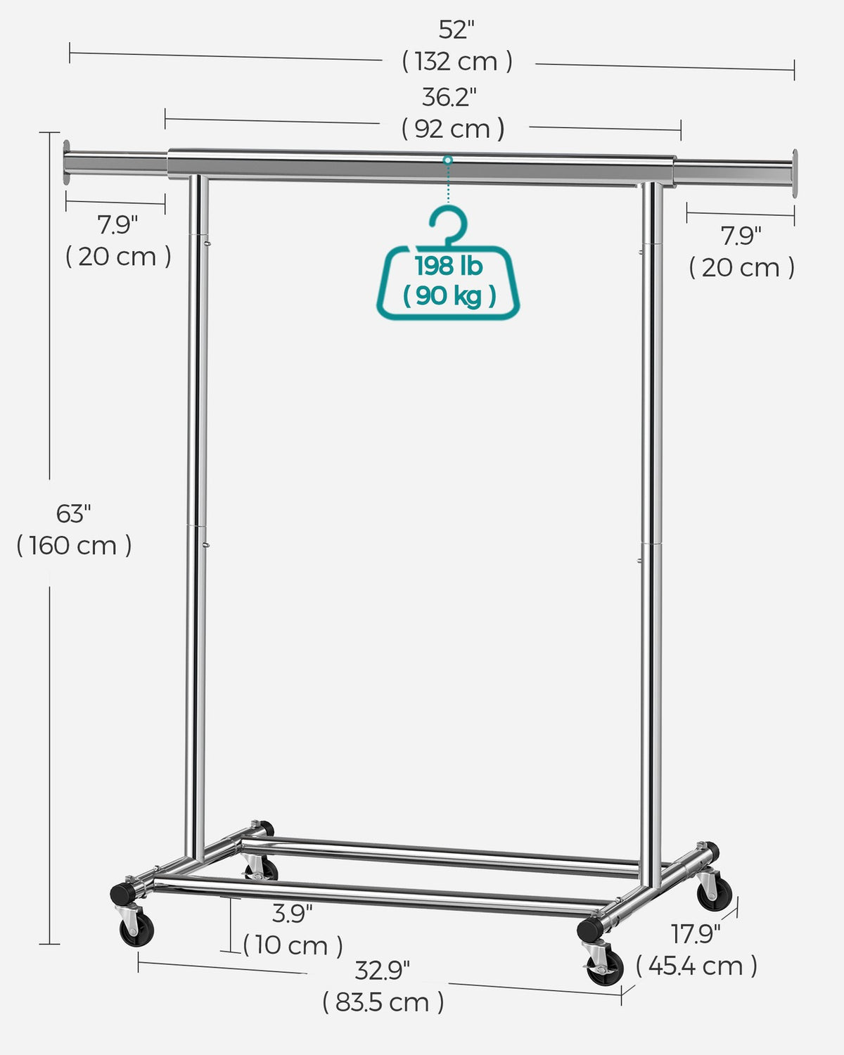 Clothes Rack - Extendable Hanging Rail - Holds 198 lb
