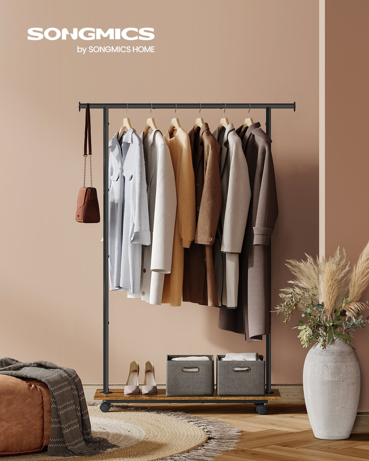 38.8 Inches Metal Garment Rack with Shelf - Rustic Brown, Ink Black