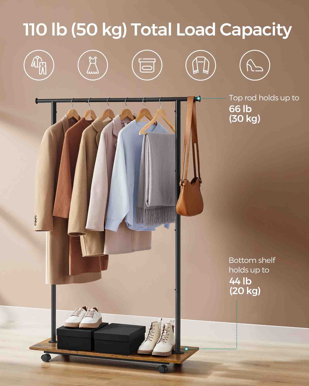 38.8 Inches Metal Garment Rack with Shelf - Rustic Brown, Ink Black