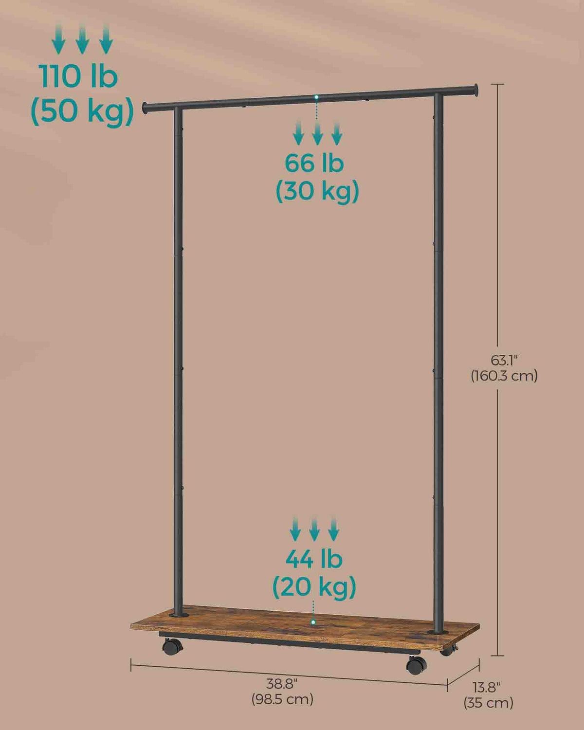 38.8 Inches Metal Garment Rack with Shelf - Rustic Brown, Ink Black