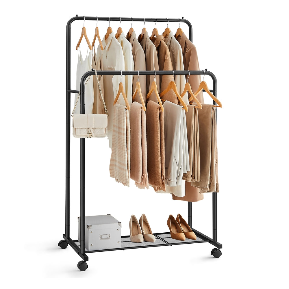 Clothes Rack with Wheels and Dense Mesh Storage Shelf - Black - 23.4"D x 36.4"W x 47.6"/62.2"H