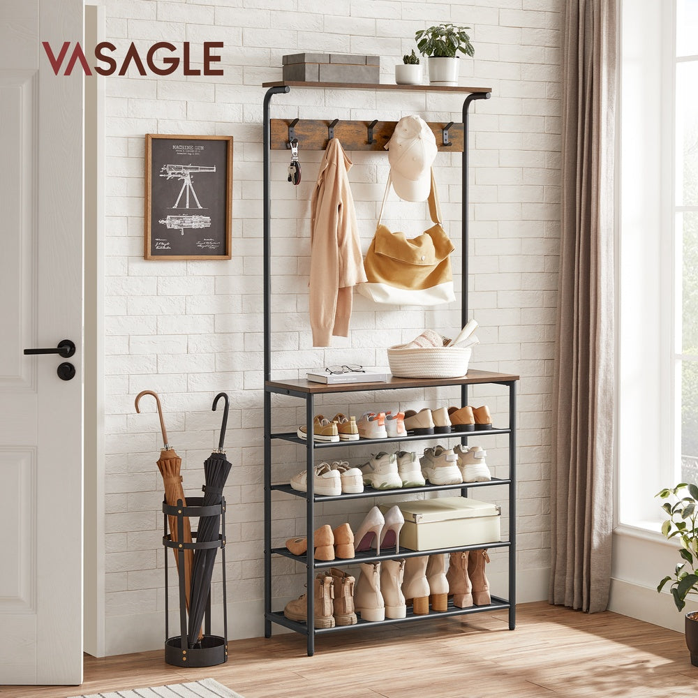 Hall Tree with Shoe Bench 5-Tier Shoe Rack 5 Dual Hooks Rustic Brown and Black - Rustic Brown, Black