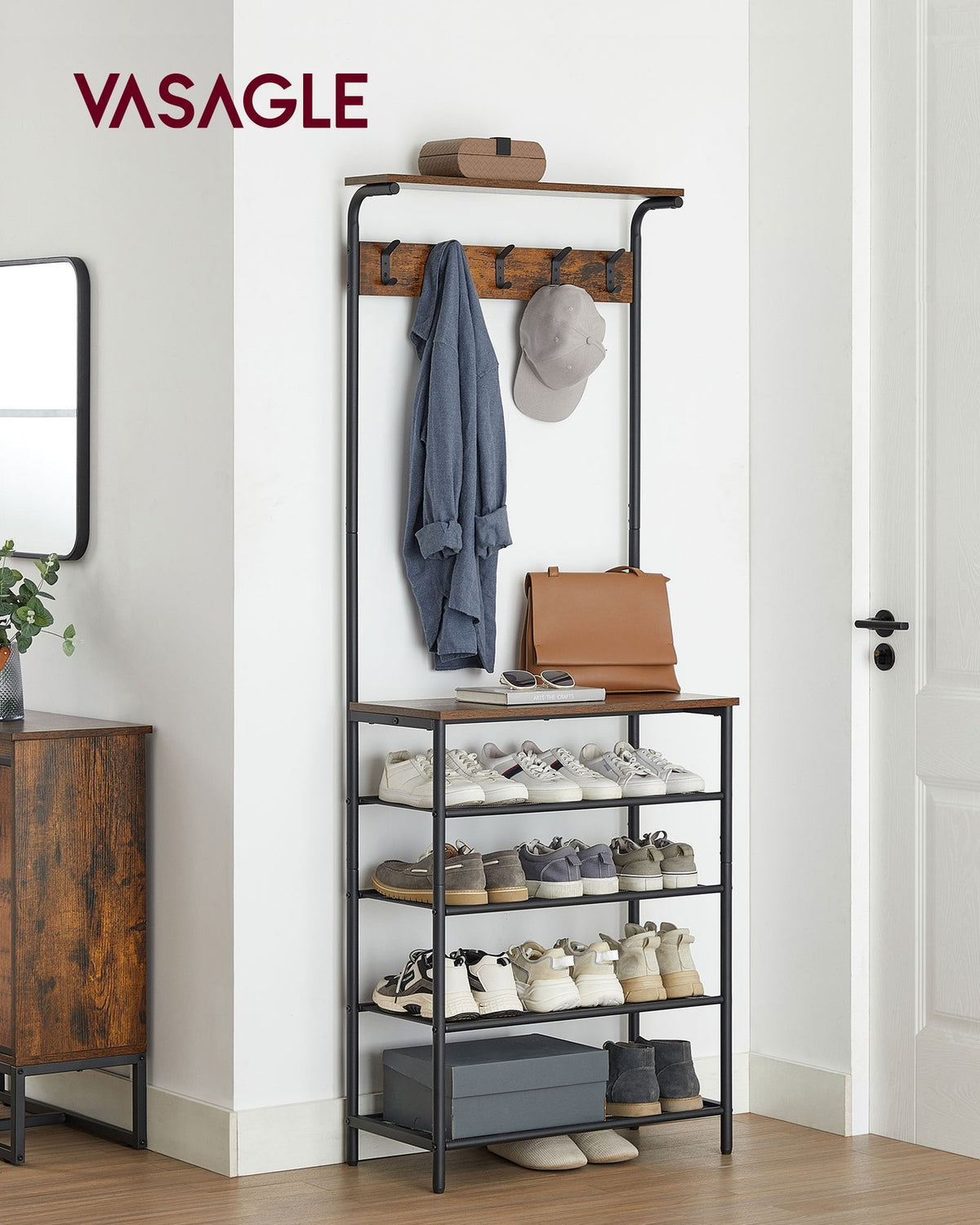Hall Tree - Shoe Bench - 5-Tier Rack with 5 Dual Hooks - Rustic Brown and Black