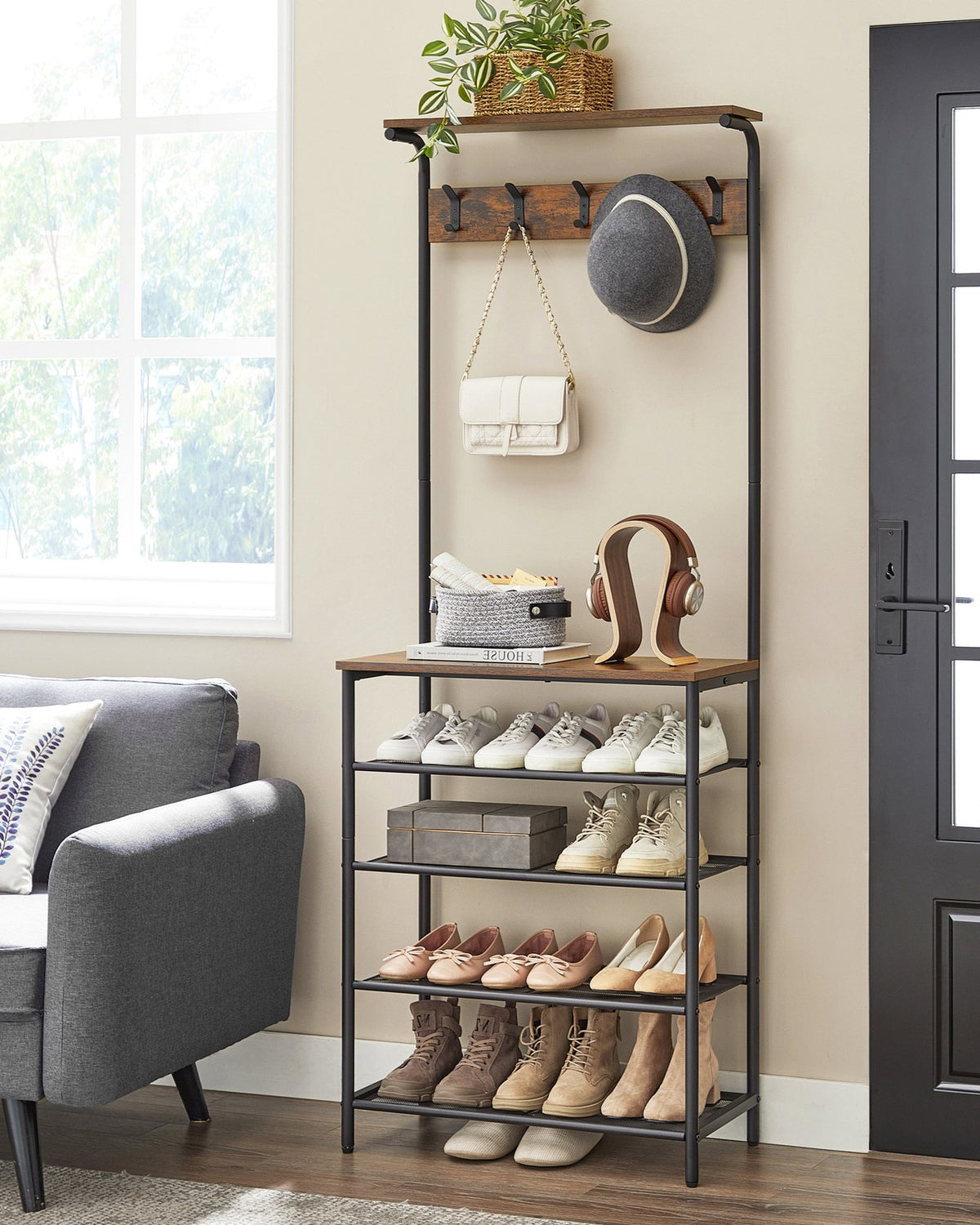 Hall Tree - Shoe Bench - 5-Tier Rack with 5 Dual Hooks - Rustic Brown and Black