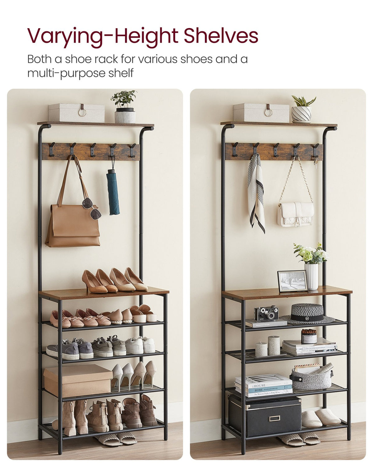 Hall Tree - Shoe Bench - 5-Tier Rack with 5 Dual Hooks - Rustic Brown and Black