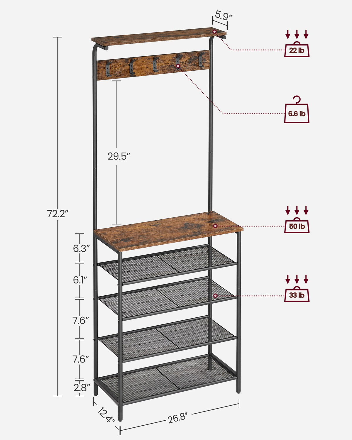 Hall Tree - Shoe Bench - 5-Tier Rack with 5 Dual Hooks - Rustic Brown and Black