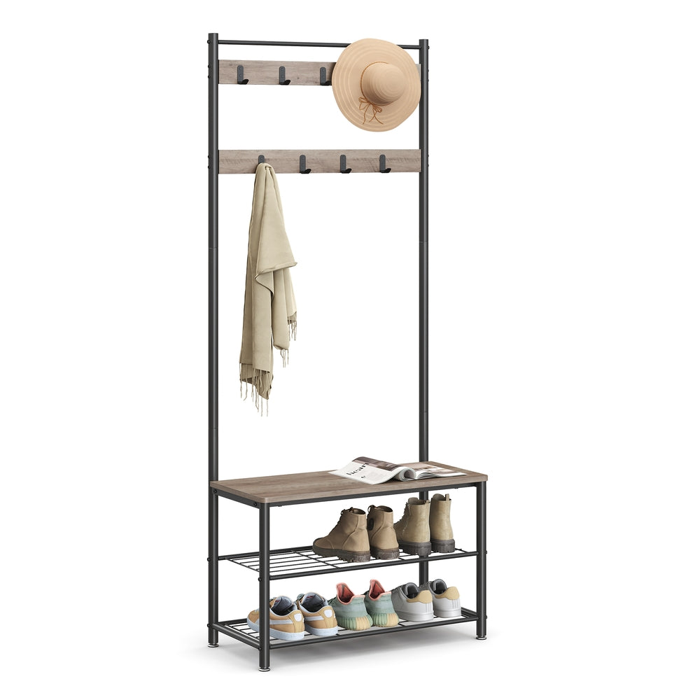 Coat Rack - Hall Tree with Shoe Storage Bench - Greige, Black