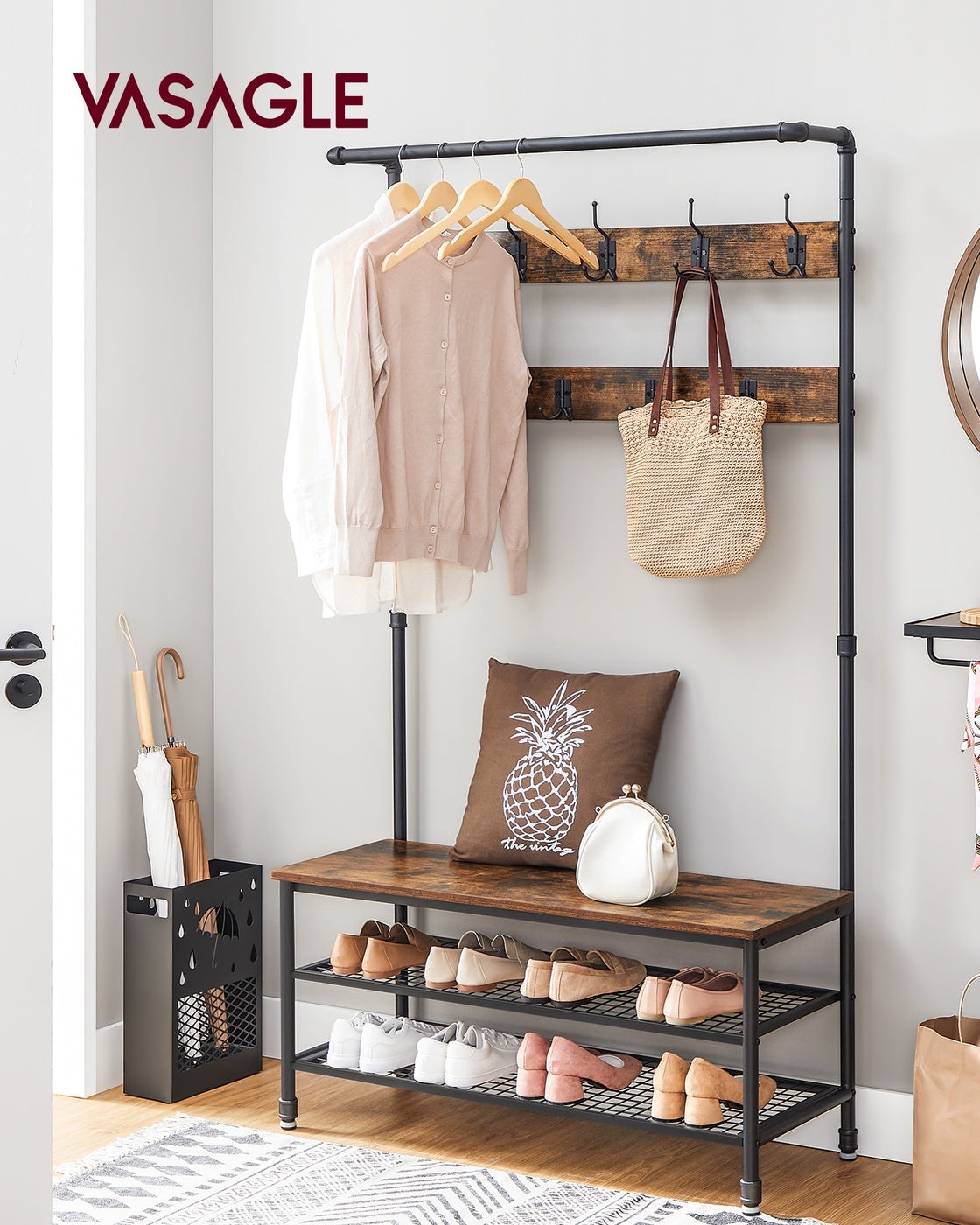 DAINTREE 3-in-1 Entryway Coat Rack and Storage Bench