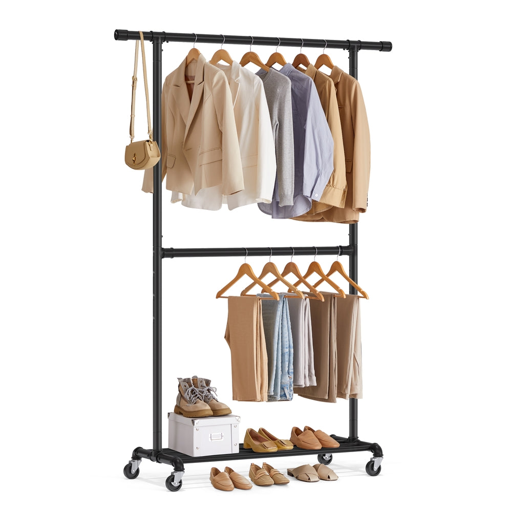 Industrial Double Rod Metal Clothing Rack on Wheels - Black