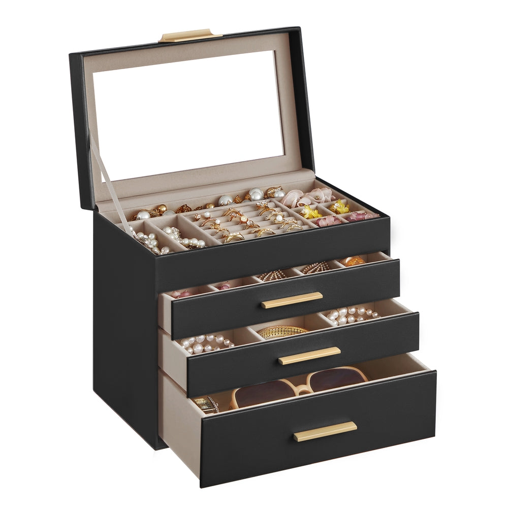 GISELLA Collection - 4-Layer Jewelry Box with Glass Lid for Big Jewelry Ink Black and Gold Color - Ink Black, Gold - 6"D x 9.9"W x 8.5"H