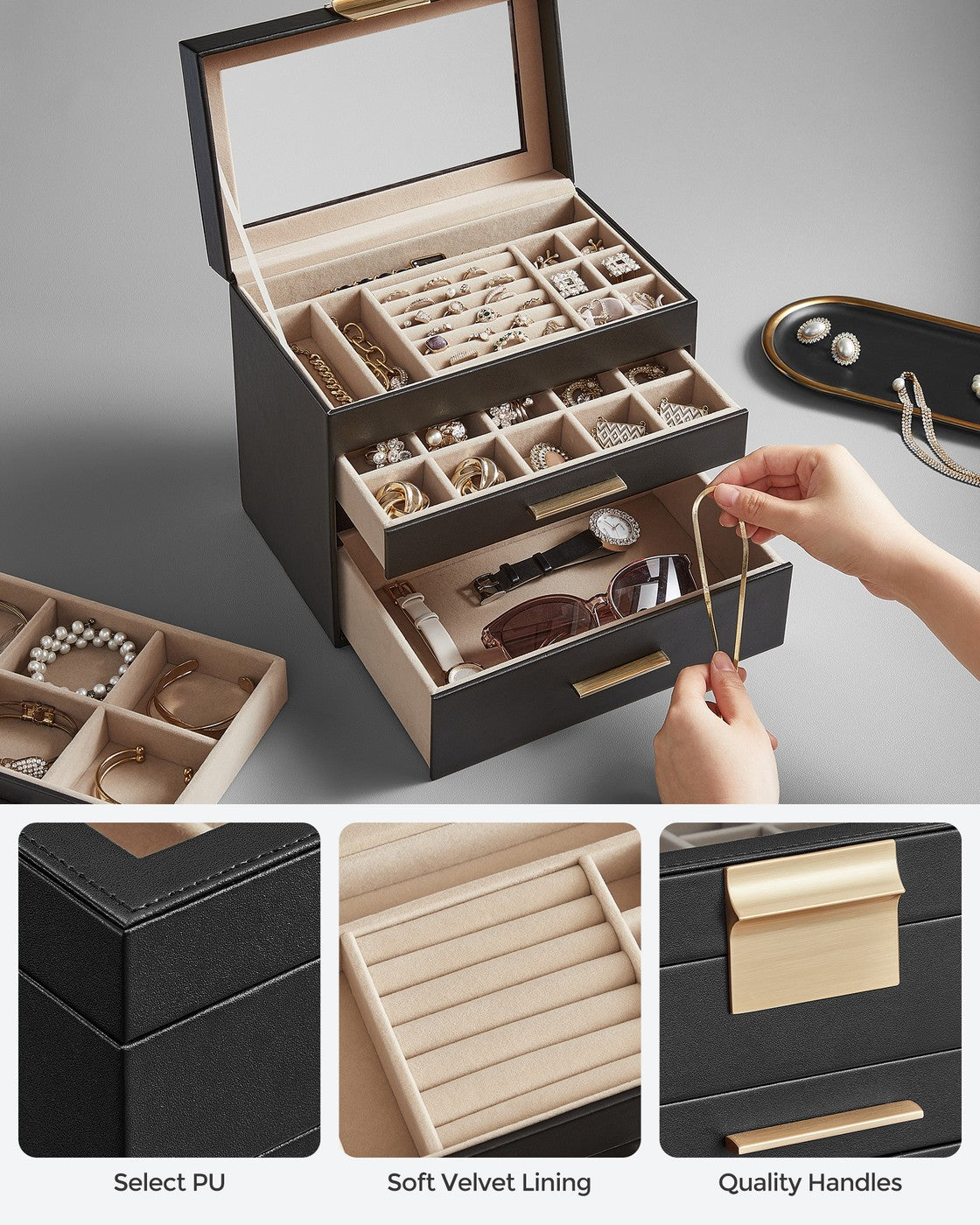 GISELLA Collection - 4-Layer Jewelry Box with Glass Lid for Big Jewelry Ink Black and Gold Color - Ink Black, Gold