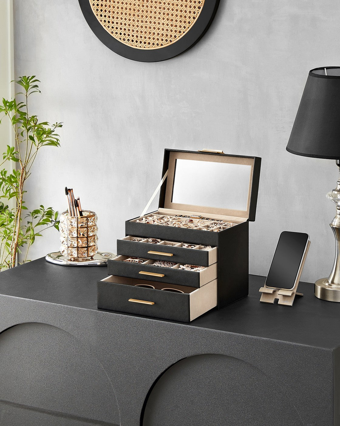GISELLA Collection - 4-Layer Jewelry Box with Glass Lid for Big Jewelry Ink Black and Gold Color - Ink Black, Gold
