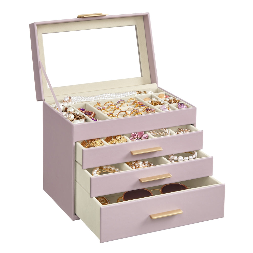 GISELLA Collection - 4-Layer Jewelry Box with Glass Lid for Big Jewelry Ink Black and Gold Color - Lavender Purple, Gold - 6"D x 9.9"W x 8.5"H