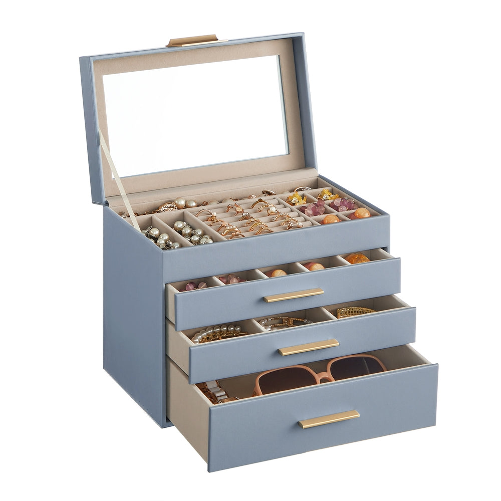 GISELLA Collection - 4-Layer Jewelry Box with Glass Lid for Big Jewelry Ink Black and Gold Color - Smoky Blue, Gold - 6"D x 9.9"W x 8.5"H
