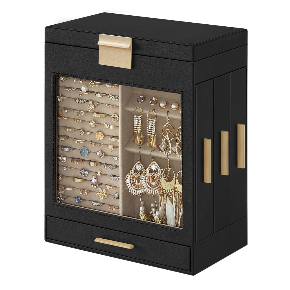 5-Layer Jewelry Organizer with 3 Side Drawers - Graphite Black, Gold