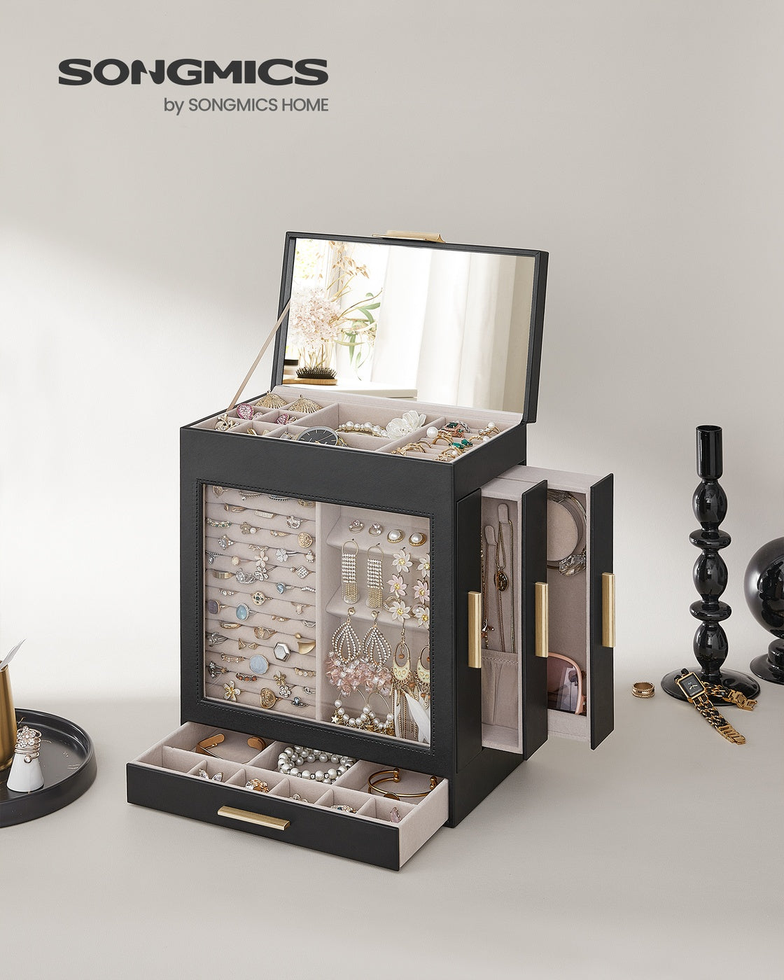 Jewelry Box - 5-Layer - Glass Window - 3 Side Drawers