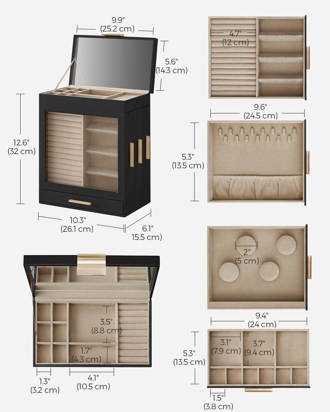 Jewelry Box - 5-Layer - Glass Window - 3 Side Drawers