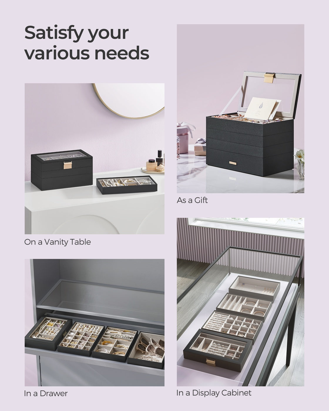 4-Tier Stackable Jewelry Trays with Glass Lid Ink Black - Ink Black
