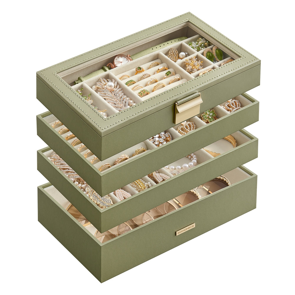 4-Tier Stackable Jewelry Trays with Glass Lid Ink Black - Laurel Green