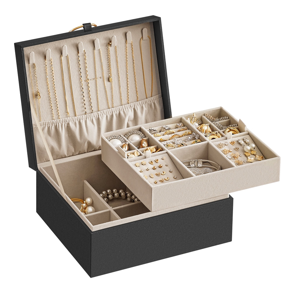 2-Layer Jewelry Box with Handle and Removable Jewelry Tray - Black