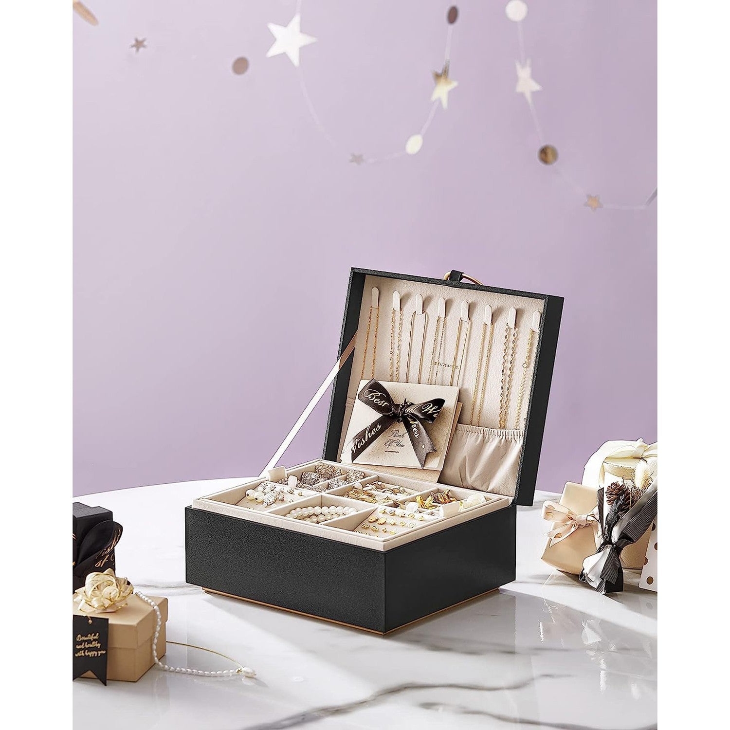 2-Layer Jewelry Box with Handle and Removable Jewelry Tray - Black