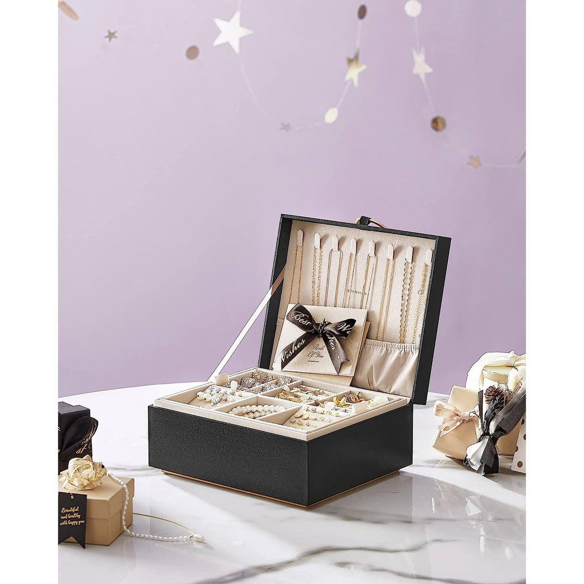2-Layer Jewelry Box with Handle and Removable Jewelry Tray - Black