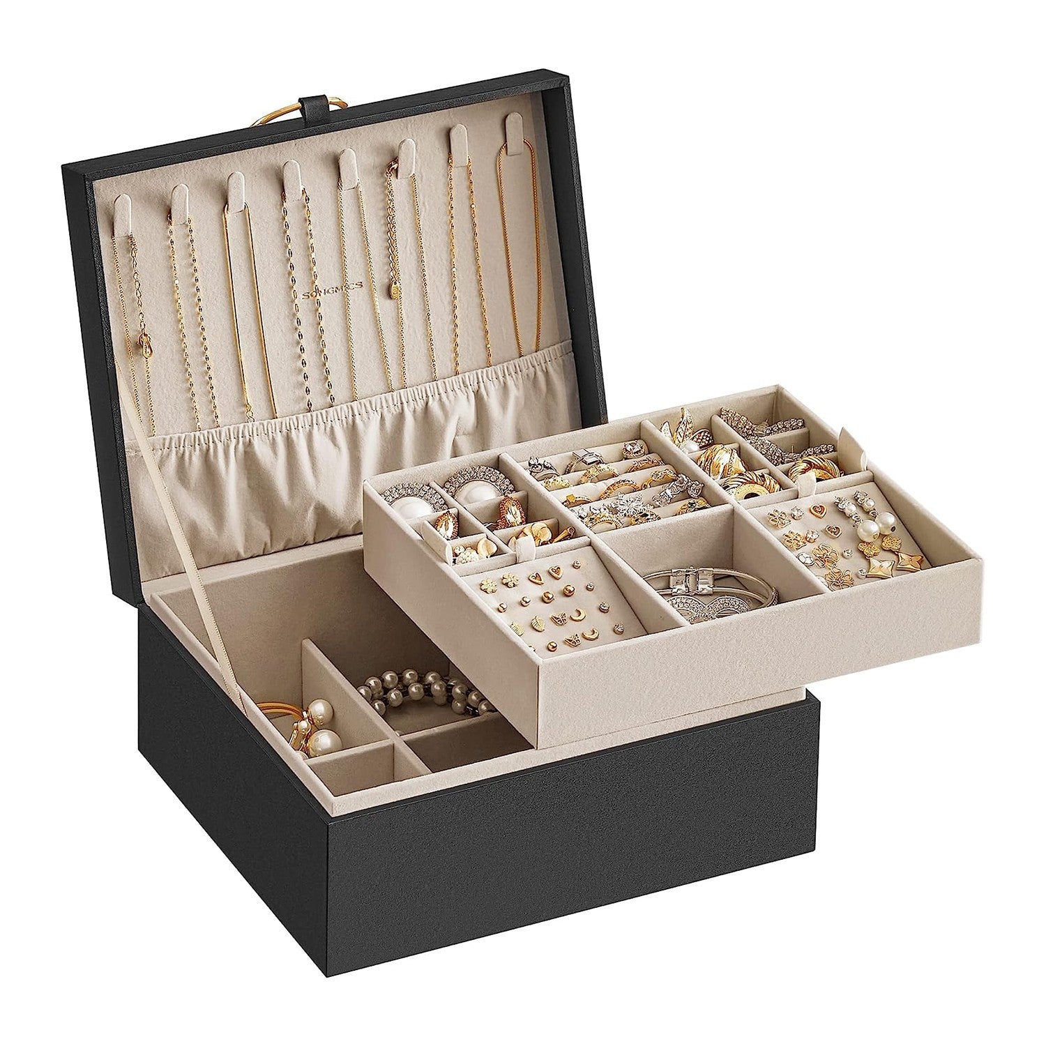 2-Layer Jewelry Box with Handle and Removable Jewelry Tray - Black