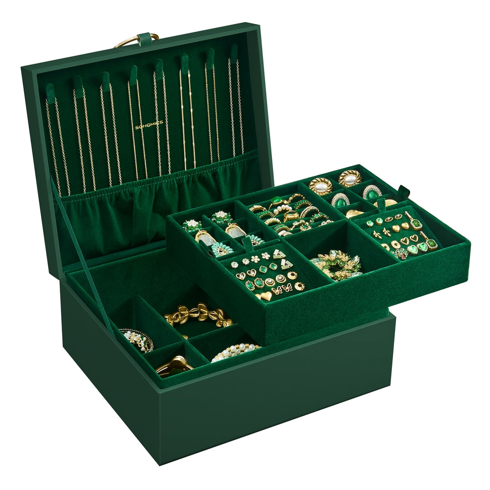 2-Layer Jewelry Box with Handle and Removable Jewelry Tray - Forest Green