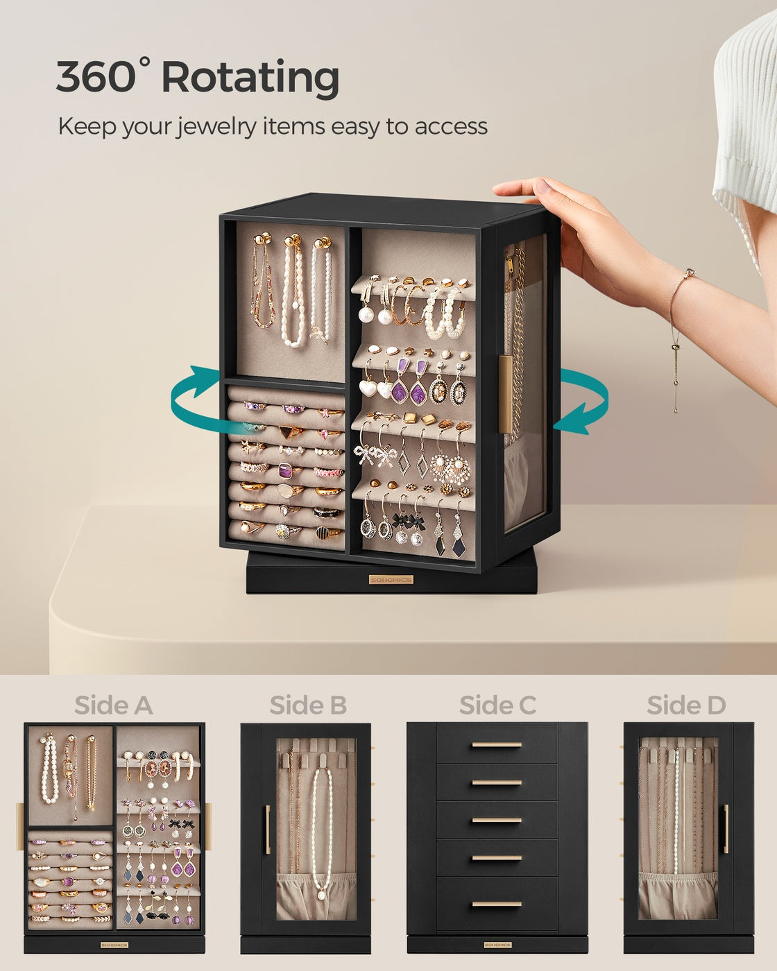 Jewelry Box 360° Rotating with 5 Drawers Graphite Black - Graphite Black