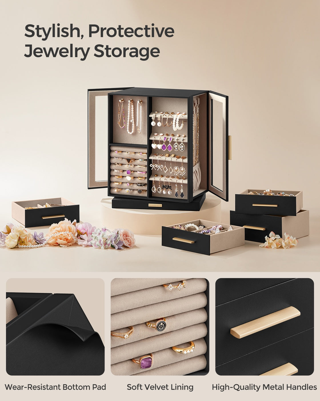 Jewelry Box 360° Rotating with 5 Drawers Graphite Black - Graphite Black