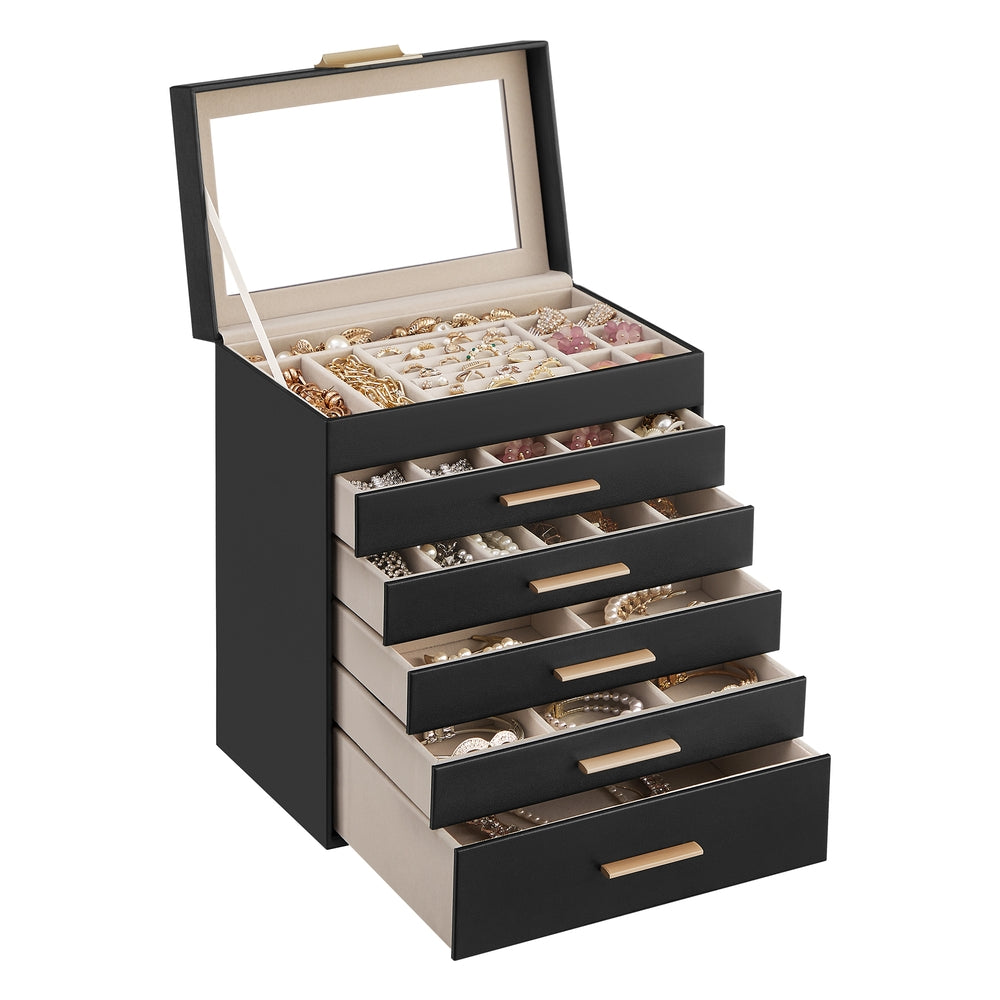 GISELLA Collection - 4-Layer Jewelry Box with Glass Lid for Big Jewelry Ink Black and Gold Color - Ink Black, Gold - 6.4"D x 9.9"W x 11.4"H