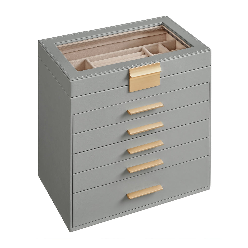 GISELLA Collection - 4-Layer Jewelry Box with Glass Lid for Big Jewelry Ink Black and Gold Color - Dove Gray, Gold - 6.4"D x 9.9"W x 11.4"H