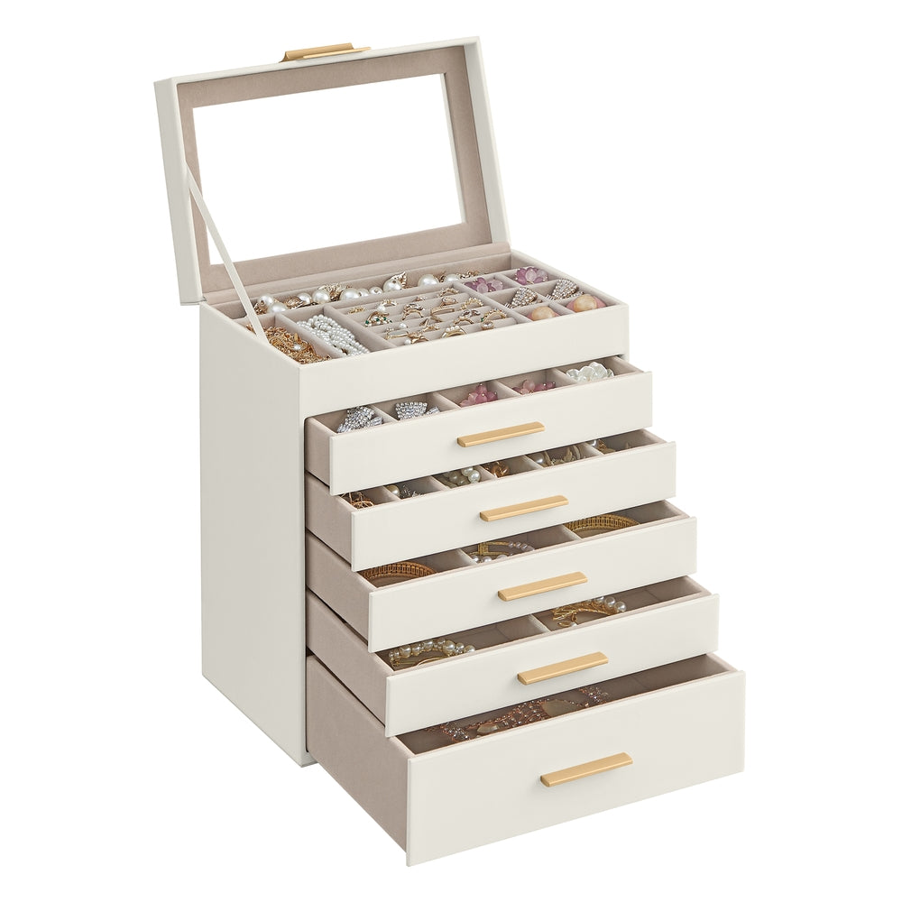 GISELLA Collection - 4-Layer Jewelry Box with Glass Lid for Big Jewelry Ink Black and Gold Color - Cloud White, Gold - 6.4"D x 9.9"W x 11.4"H
