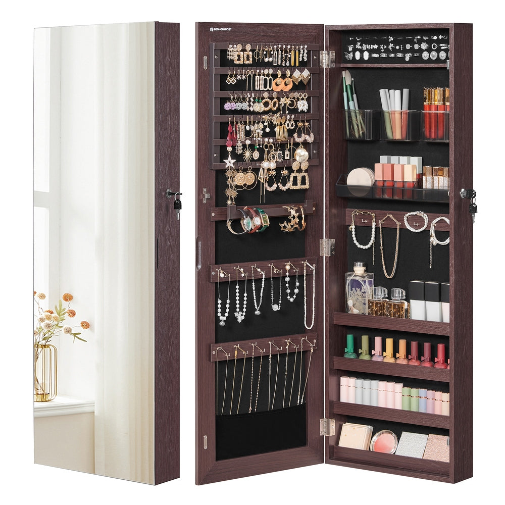White Wall-Mounted Jewelry Armoire with Mirror - Dark Brown