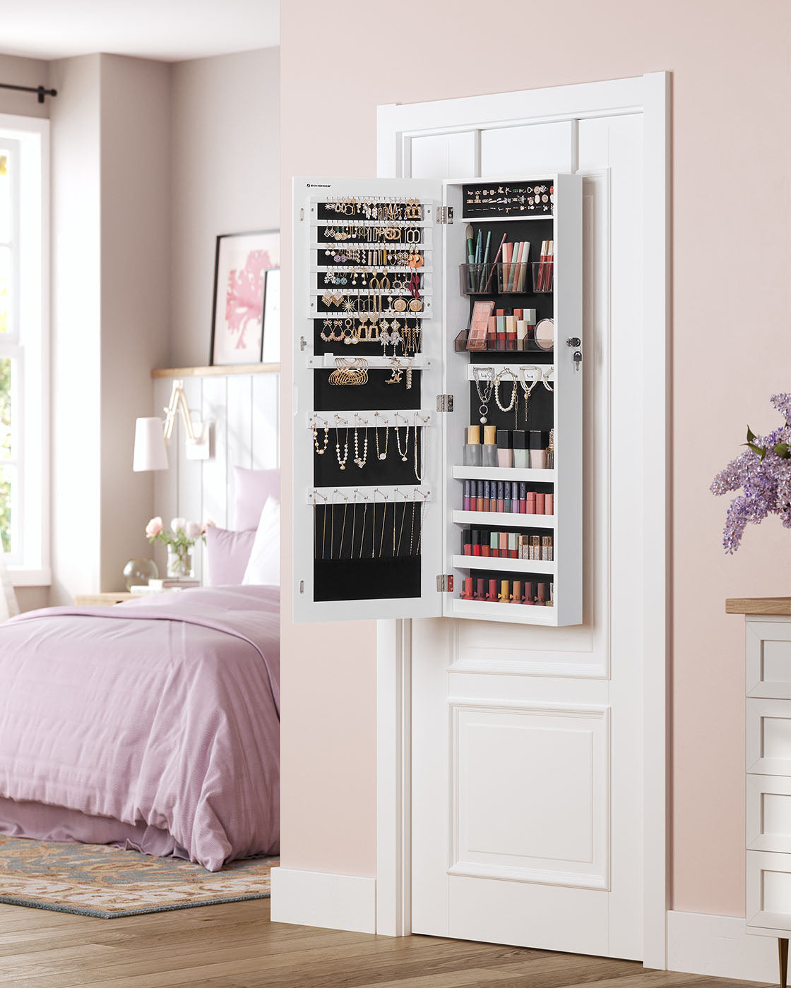 White Wall-Mounted Jewelry Armoire with Mirror - Brown