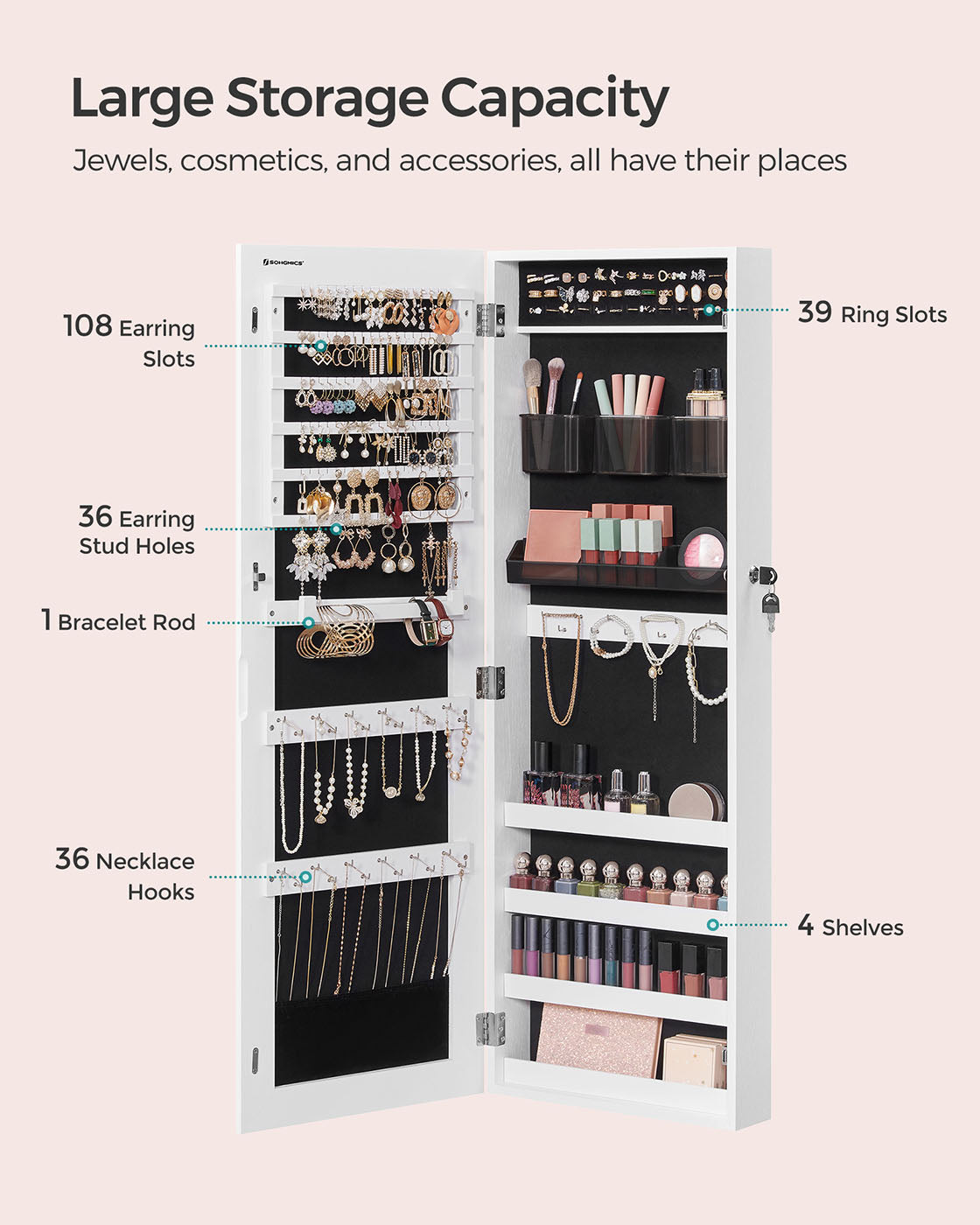 White Wall-Mounted Jewelry Armoire with Mirror - Brown