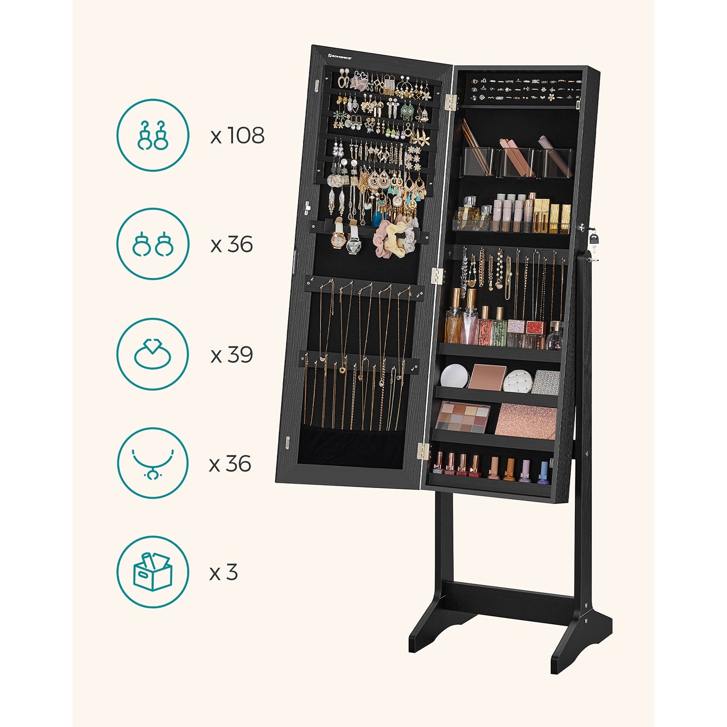 Freestanding Jewelry Cabinet Armoire with Mirror - Black