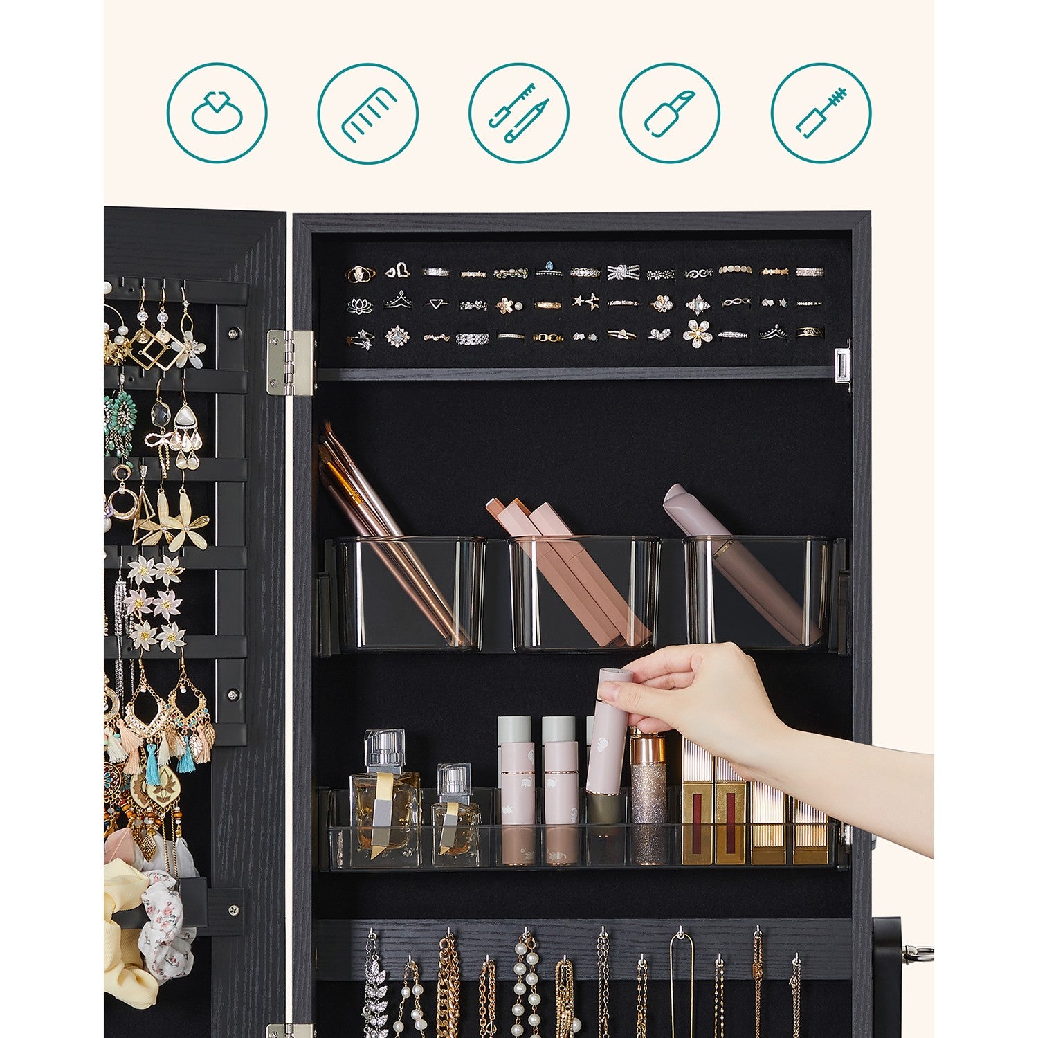Freestanding Jewelry Cabinet Armoire with Mirror - Black